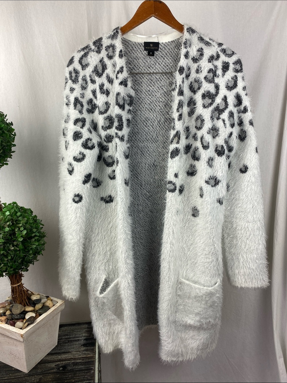 Worthington Gray Animal Print Fuzzy Long Sleeve Open Front Cardigan M